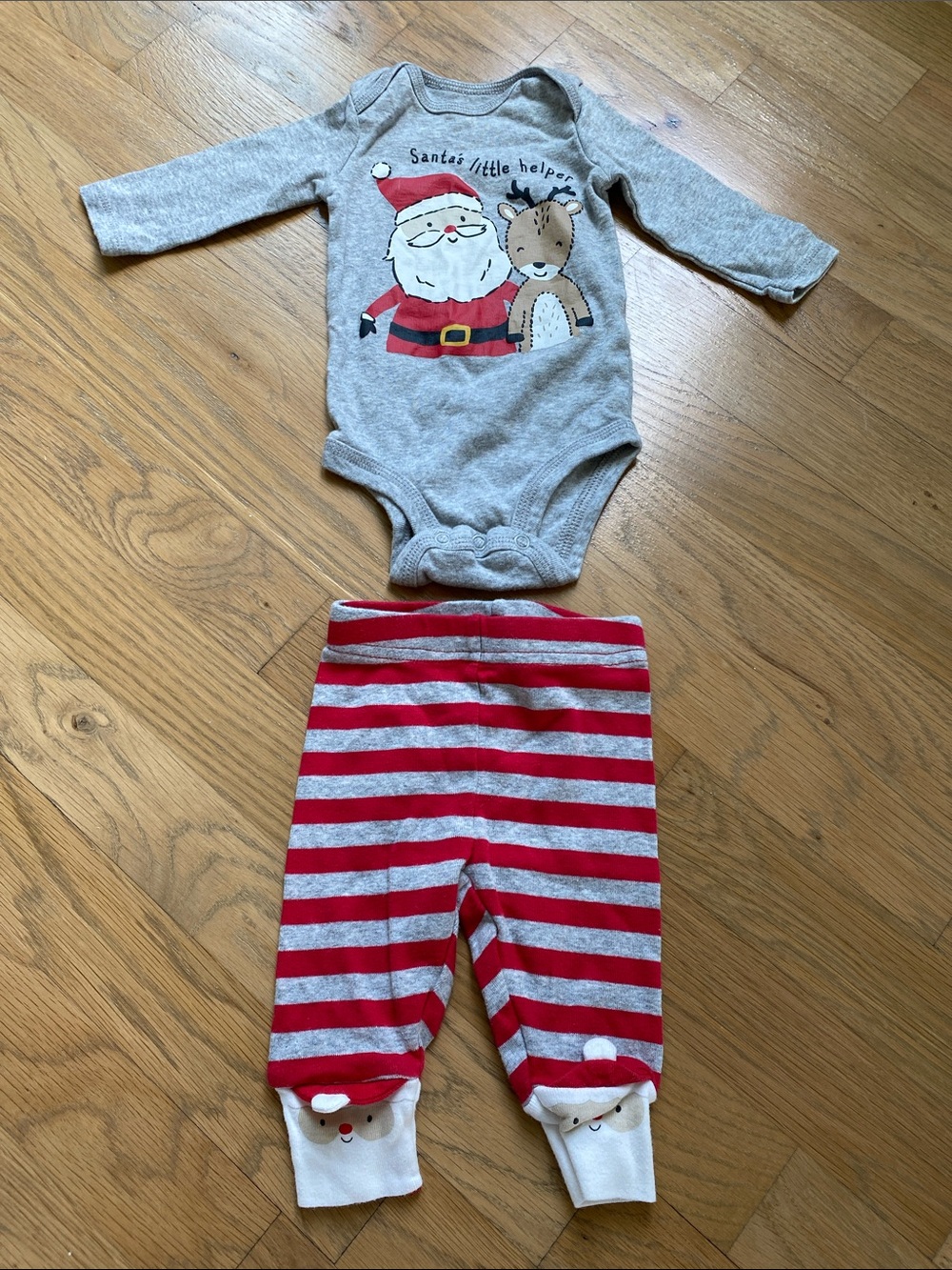 Carter’s 3 Month Gray Santa Baby Bodysuit with Red & Gray Striped Pants